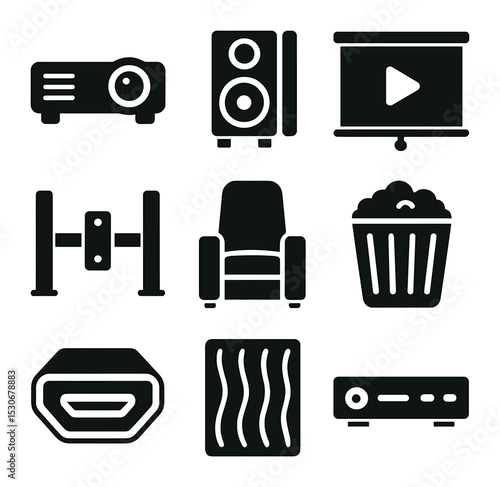 Home Theater Icon Set. Solid, filled icons set of home theater setup: projector, surround speaker, movie