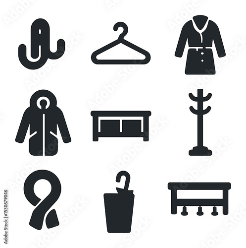 Mudroom Icons Grid. Solid, filled icons set of hanging up a coat: wall hook, coat hanger, trench coat, winter