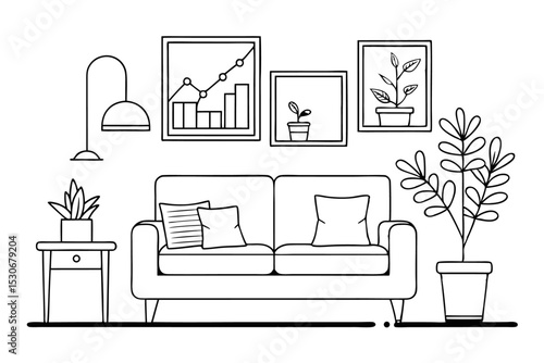 Continuous line drawing of interior scene with sofa plant and lamp isolated on transparent background