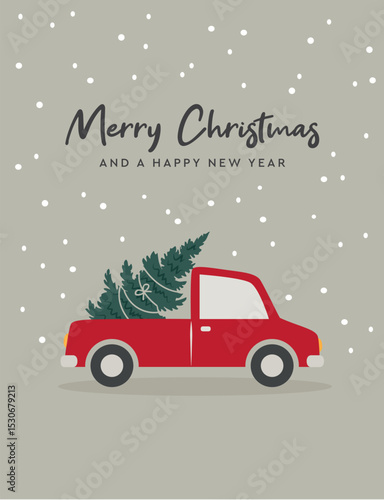 christmas greeting card with car and christmas tree vector illustration