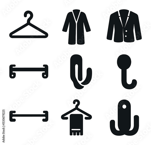 Wardrobe Icons Grid. Solid, filled icons set of wardrobe hanging system: clothes hanger, overcoat, blazer,