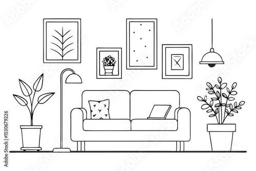 Continuous line drawing of interior scene with sofa plant and lamp isolated on transparent background
