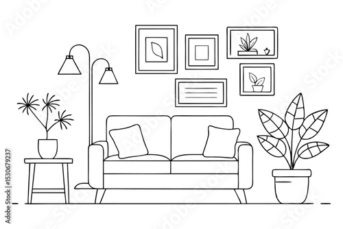 Continuous line drawing of interior scene with sofa plant and lamp isolated on transparent background