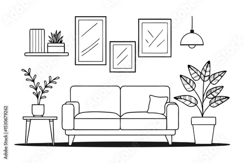 Continuous line drawing of interior scene with sofa plant and lamp isolated on transparent background