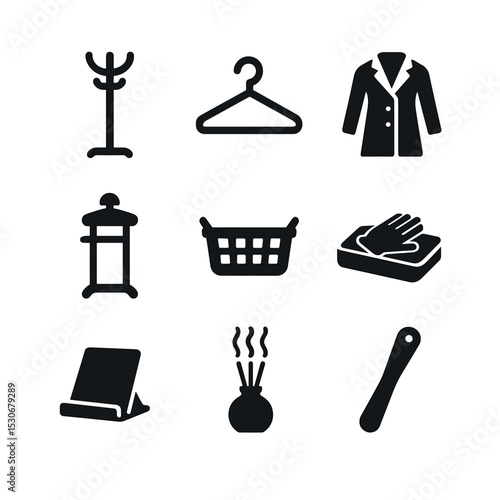 Guest Coat Station Icons. Solid, filled icons set of guest coat station: standing rack, metal hanger, velvet