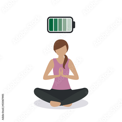 meditating woman with fully charged battery isolated vector illustration