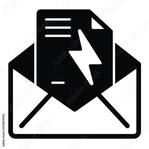 Envelope with electricity bill paper solid icon, electrical service concept. Vector graphics. Mail letter and lightning sign on white background, style mobile or design.