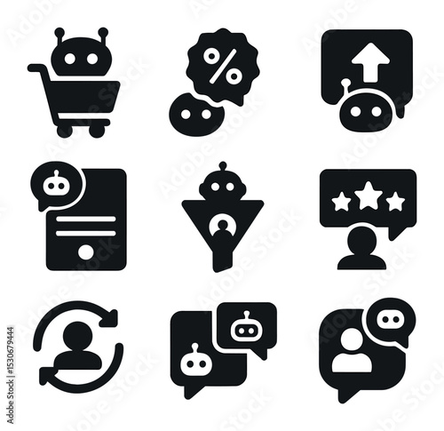 Sales Chat Icon Set. Solid, filled icons set of sales chat assistants: shopping cart bot, discount icon,