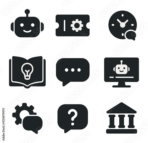 Customer Service Icons. Solid, filled icons set of customer service automation: support bot, ticket system,