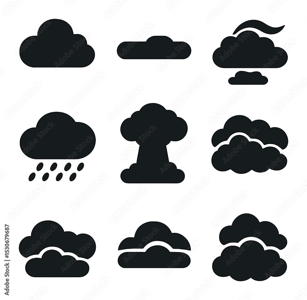 Cloud Icon Grid. Solid, filled icons set of cloud types: cumulus, stratus, cirrus, nimbostratus, cumulonimbus, Cloud Icon Grid. Solid, filled icons set of cloud types: cumulus, stratus, cirrus, nimbostratus, cumulonimbus,