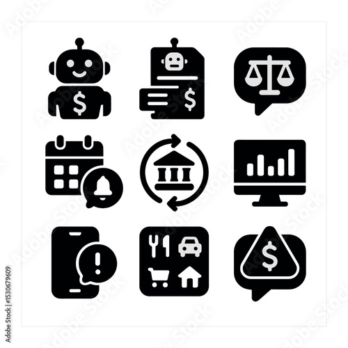 Finance Chatbot Icons. Solid, filled icons set of finance chatbot tools: budget bot, invoice icon, balance