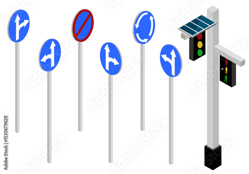 Isometric Traffic Signs and Lights Set: Urban Road Navigation Elements