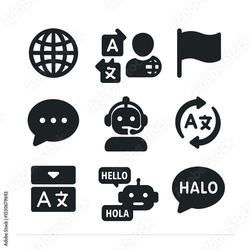 Multilingual Chatbot Icons. Solid, filled icons set of multilingual chatbots: language globe, translation