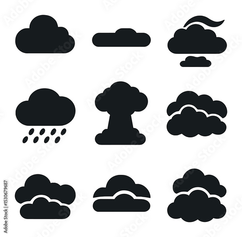Cloud Icon Grid. Solid, filled icons set of cloud types: cumulus, stratus, cirrus, nimbostratus, cumulonimbus,