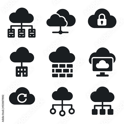 Cloud Computing Icons. Solid, filled icons set of cloud computing infrastructure: cloud architecture, hybrid