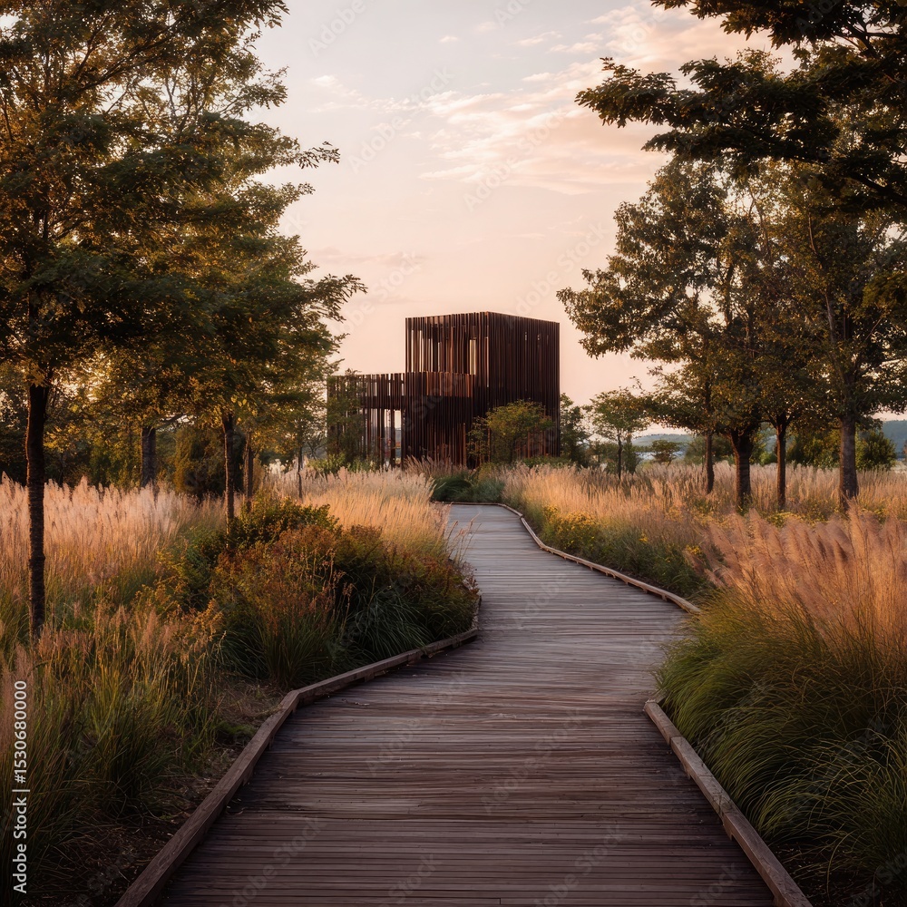 Fototapeta premium Wooden boardwalk curving towards a dark, modern structure nestled in a tranquil, grassy landscape at sunset