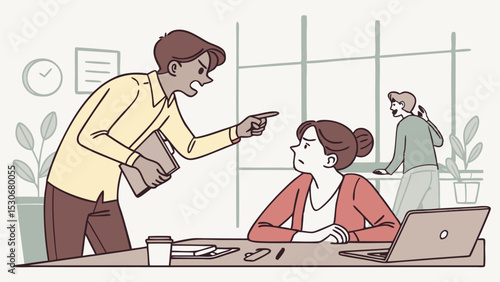 Angry boss scolding employee at desk with laptop and coffee while colleague talks on phone nearby office