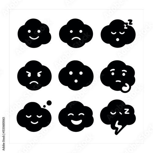Cloud Emotions Grid. Solid, filled icons set of clouds and emotions: happy cloud, sad cloud, sleepy cloud,