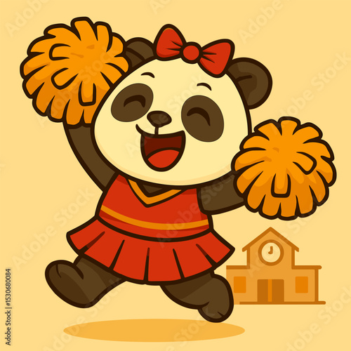 A joyful panda cheerleader jumps with pom-poms in both hands at a school event, full of energy and excitement, in a cute and funky cartoon-style illustration on a plain background.