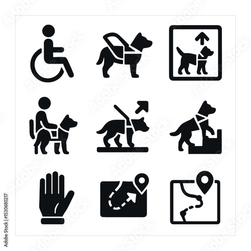 Mobility Assistance Icons. Solid, filled icons set of mobility assistance dogs: wheelchair icon, support