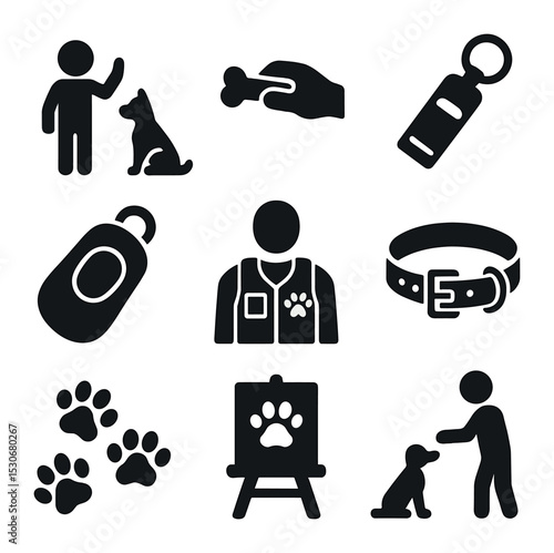 Training Tools Icons. Solid, filled icons set of training for service animals: obedience command icon, reward