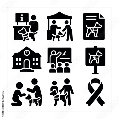 Service Animal Awareness Icons. Solid, filled icons set of community awareness on service animals: info booth,