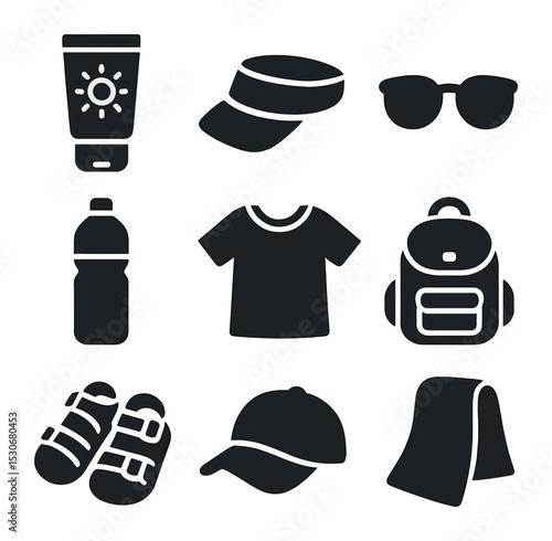 Children's Sunny Day Essentials. Solid, filled icons set of sunny day gear for children: sunscreen tube, sun