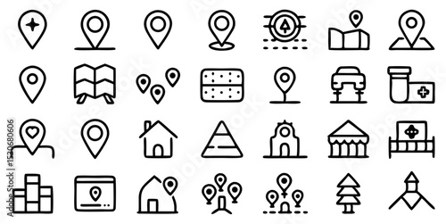 Geography and Direction Outline Icon Collection. Point, Mark, Position, Building, Car, Mountain, City, and Compass Elements. Vector Pack