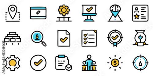Business and Process Management Line Icon Set. Location, Settings, Presentation, Checklist, Approved, Target, and More. Outline Vector Icon