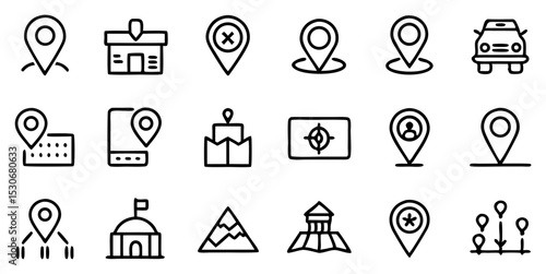 Location and Map Line Icon Set. Pin, GPS, Navigation, Address, Travel, Destination, Route, and More. Outline Vector Icon