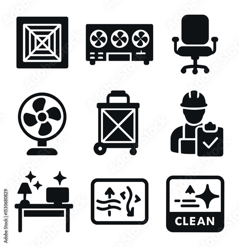 Office Air Icons. Solid, filled icons set of office air maintenance: ceiling vent, commercial HVAC, office