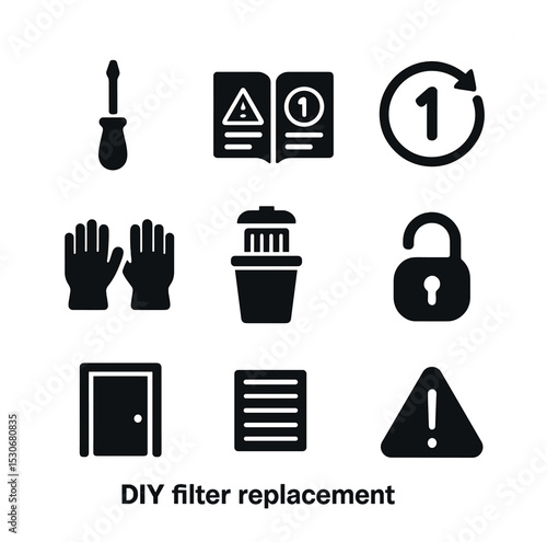 DIY Filter Icon Set. Solid, filled icons set of DIY filter replacement: screwdriver, instruction manual,