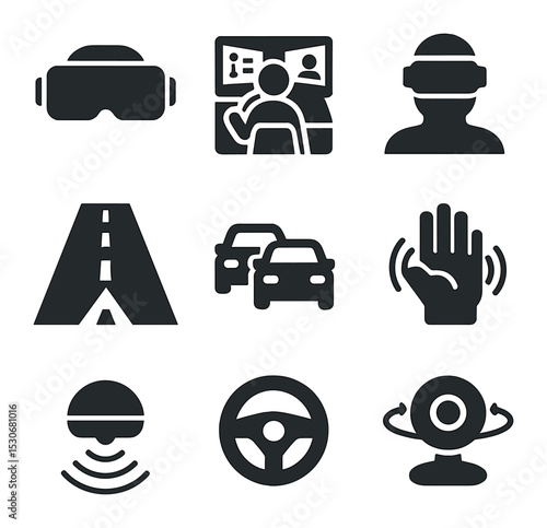 Virtual Commuting Icons. Solid, filled icons set of virtual commuting tech: VR headset, remote cockpit, avatar