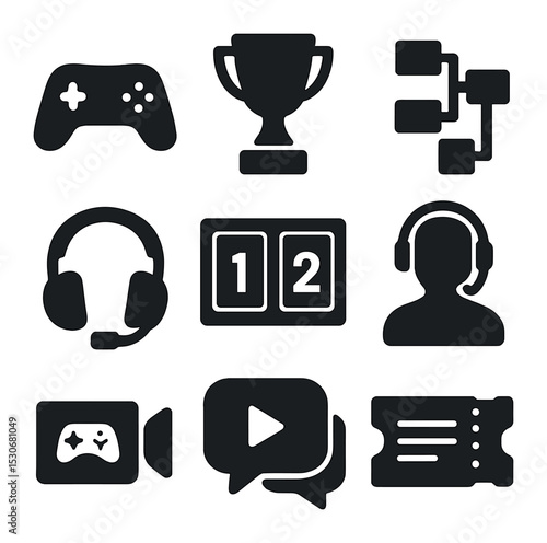 Esports Icons Set. Solid, filled icons set of esports tournaments: gaming controller, trophy, bracket chart,