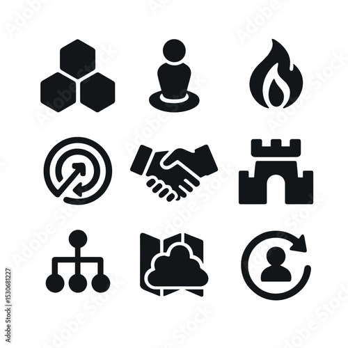 Strategy Game Icons. Solid, filled icons set of strategy game competitions: hex tile, unit token, resource