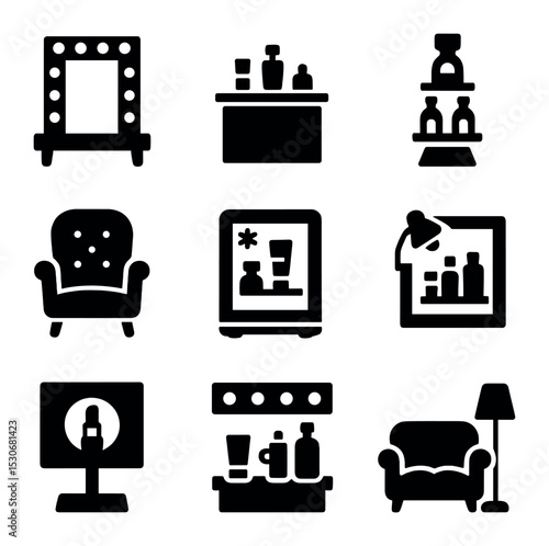 Beauty Boutique Icons. Solid, filled icons set of beauty boutique interiors: spotlight mirror, product island,
