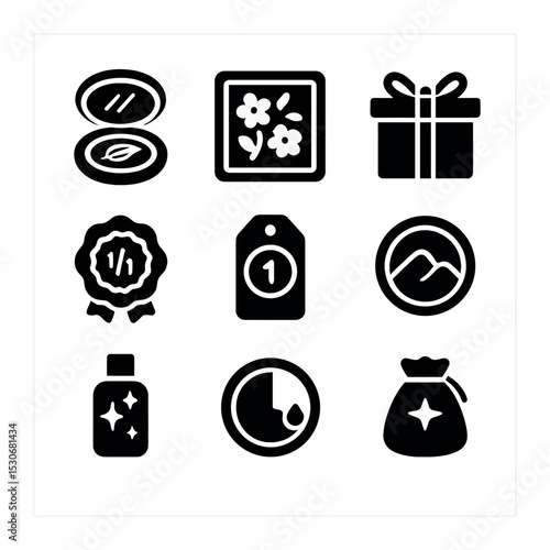 Limited Edition Makeup Icons. Solid, filled icons set of limited edition makeup: engraved compact, seasonal