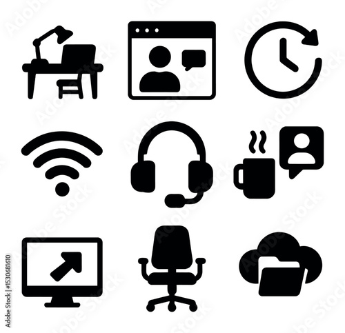 Remote Work Perks Icons. Solid, filled icons set of remote work perks: home desk, video call window, flexible