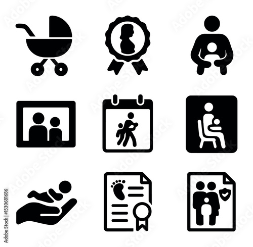 Family Benefits Icons. Solid, filled icons set of parental and family benefits: baby stroller, maternity leave