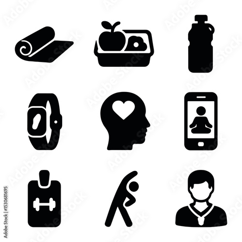 Workplace Wellness Icons. Solid, filled icons set of workplace wellness programs: yoga mat, healthy lunchbox,