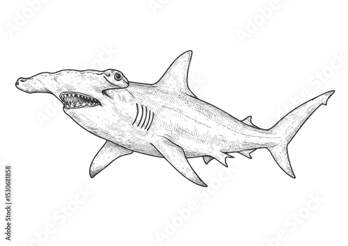  Hammerhead Shark, different angel view, engraving, hand drawn, line art, vector illustration, isolated on transparent background