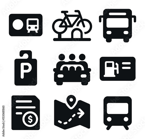 Commuting Icons Grid. Solid, filled icons set of commuting and transport benefits: transit pass, bike rack,