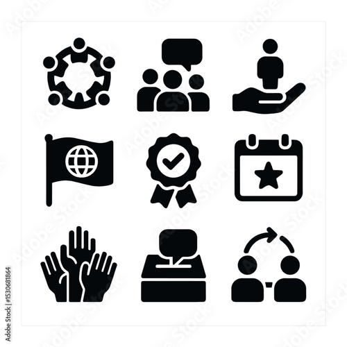 Employee Resource Icons. Solid, filled icons set of employee resource groups: diversity circle, support group