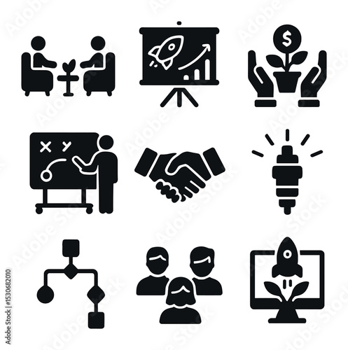 Startup Icon Set. Solid, filled icons set of startup collaboration environments: coworking lounge, pitch deck,