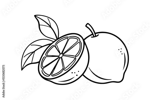 Continuous line drawing of whole and halved lemons isolated on transparent background