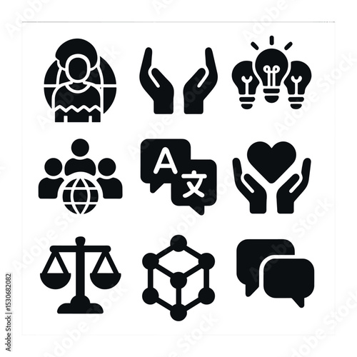 Innovation Diversity Icons. Solid, filled icons set of innovation through diversity: culture globe, inclusion