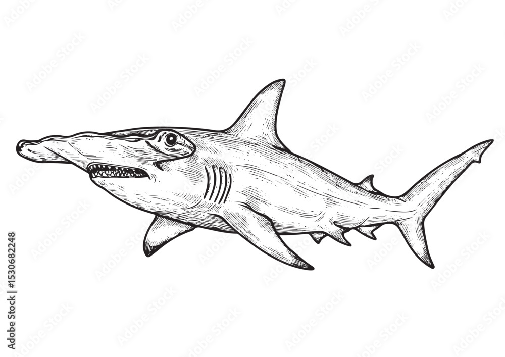 Fototapeta premium Hammerhead Shark, different angel view, engraving, hand drawn, line art, vector illustration, isolated on transparent background