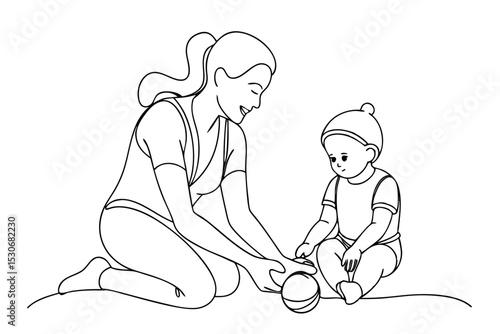 Continuous single line drawing of a mother and toddler isolated on transparent background