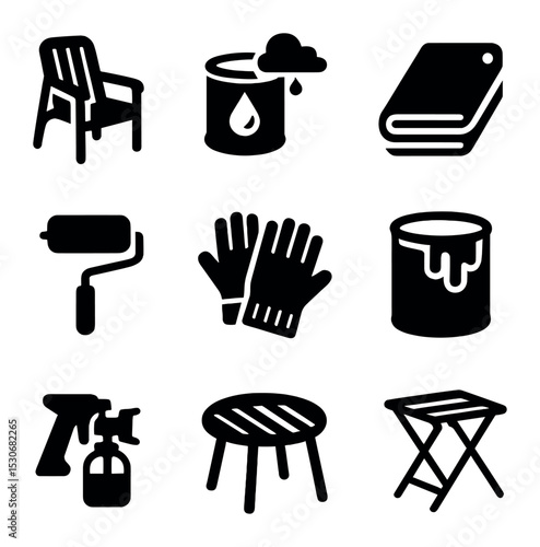 Outdoor Furniture Icons. Solid, filled icons set of outdoor furniture painting: patio chair, weatherproof