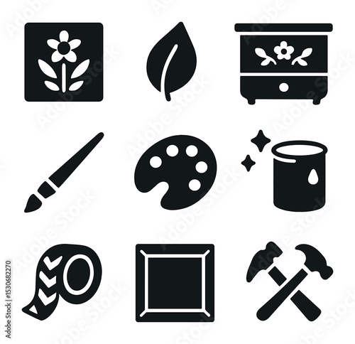 Decorative Furniture Icons. Solid, filled icons set of decorative furniture painting: floral stencil, gold